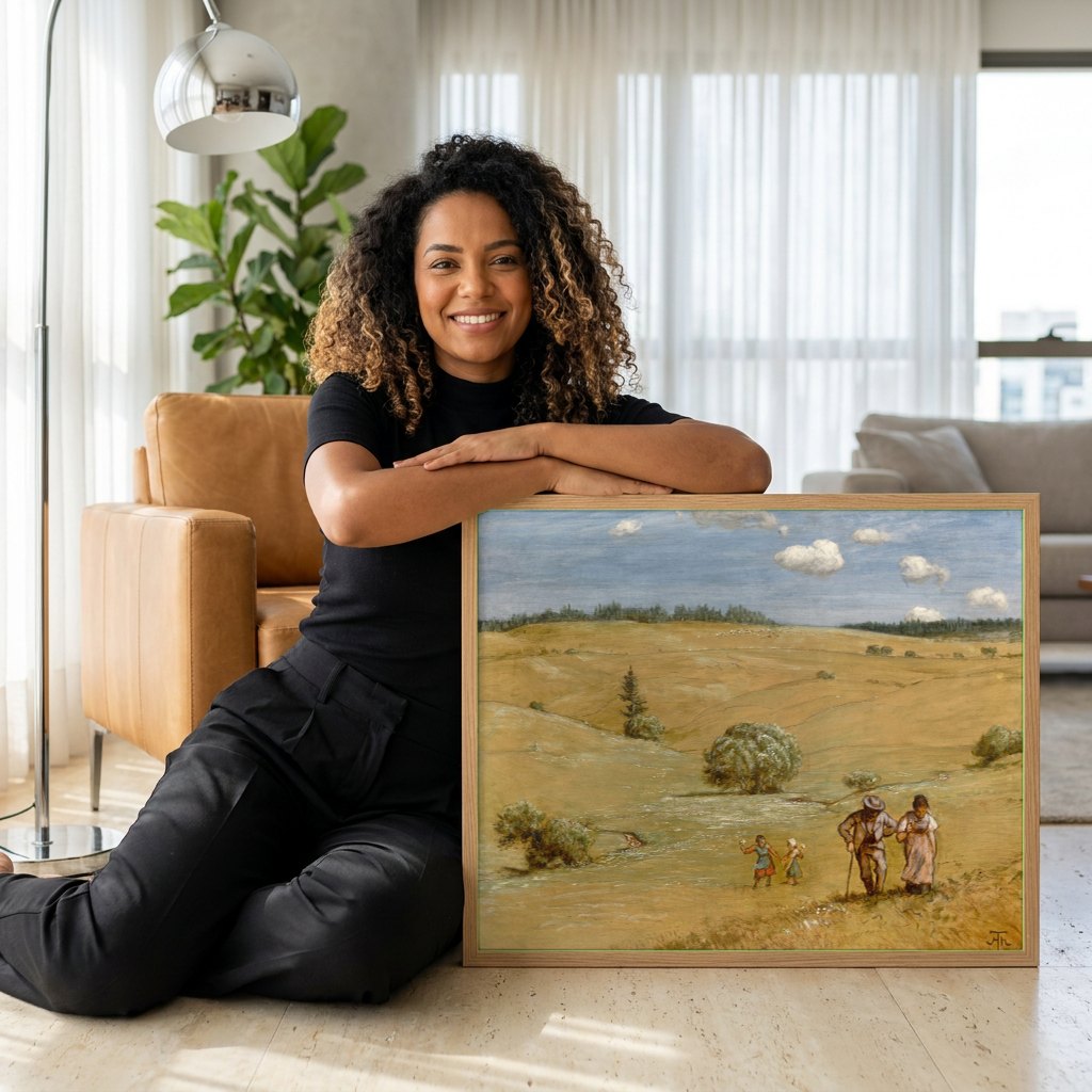 Quadro Decorativo Campo com Família - Hans Thoma | modelo apresentando o quadro emoldurado