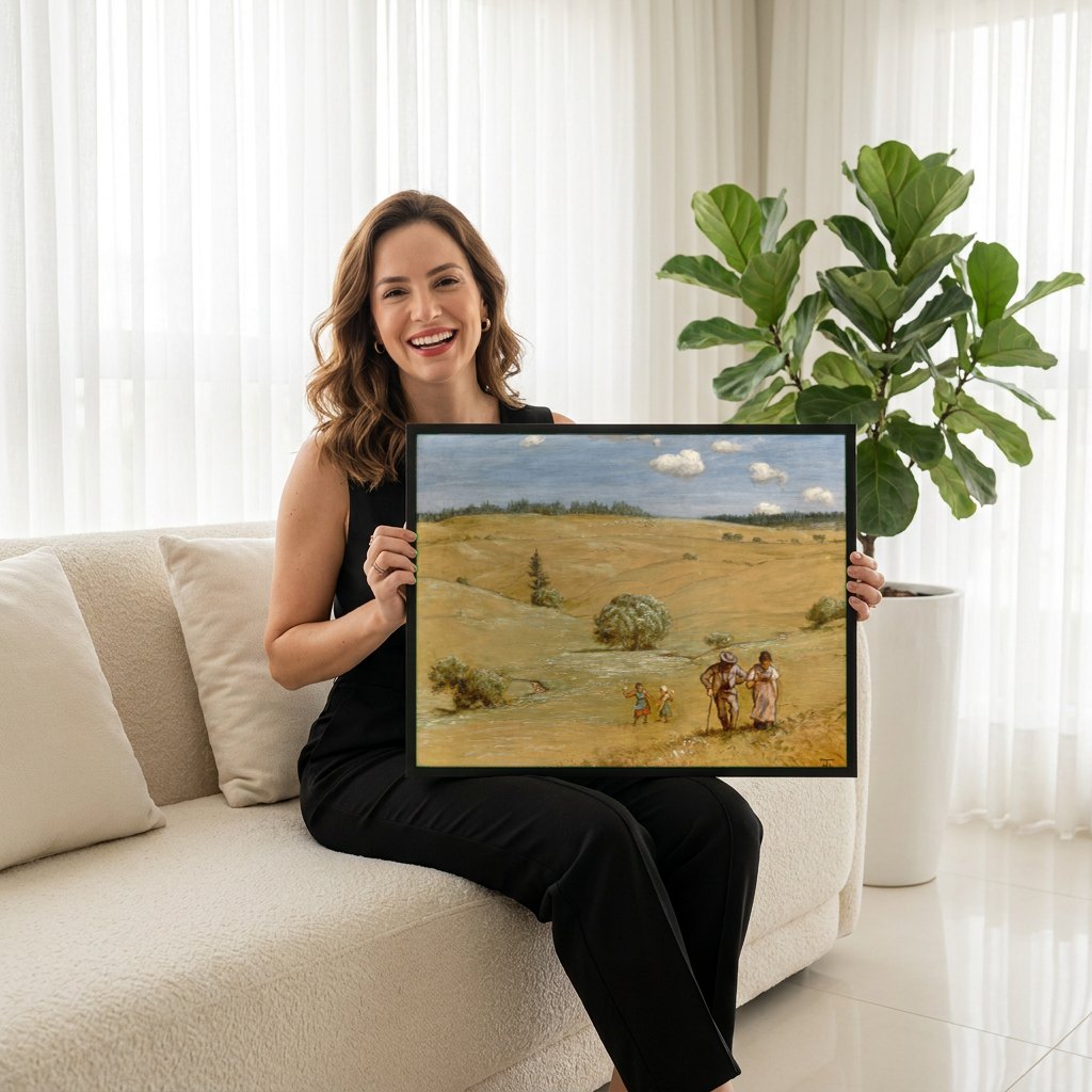 Quadro Decorativo Campo com Família - Hans Thoma | modelo apresentando o quadro emoldurado