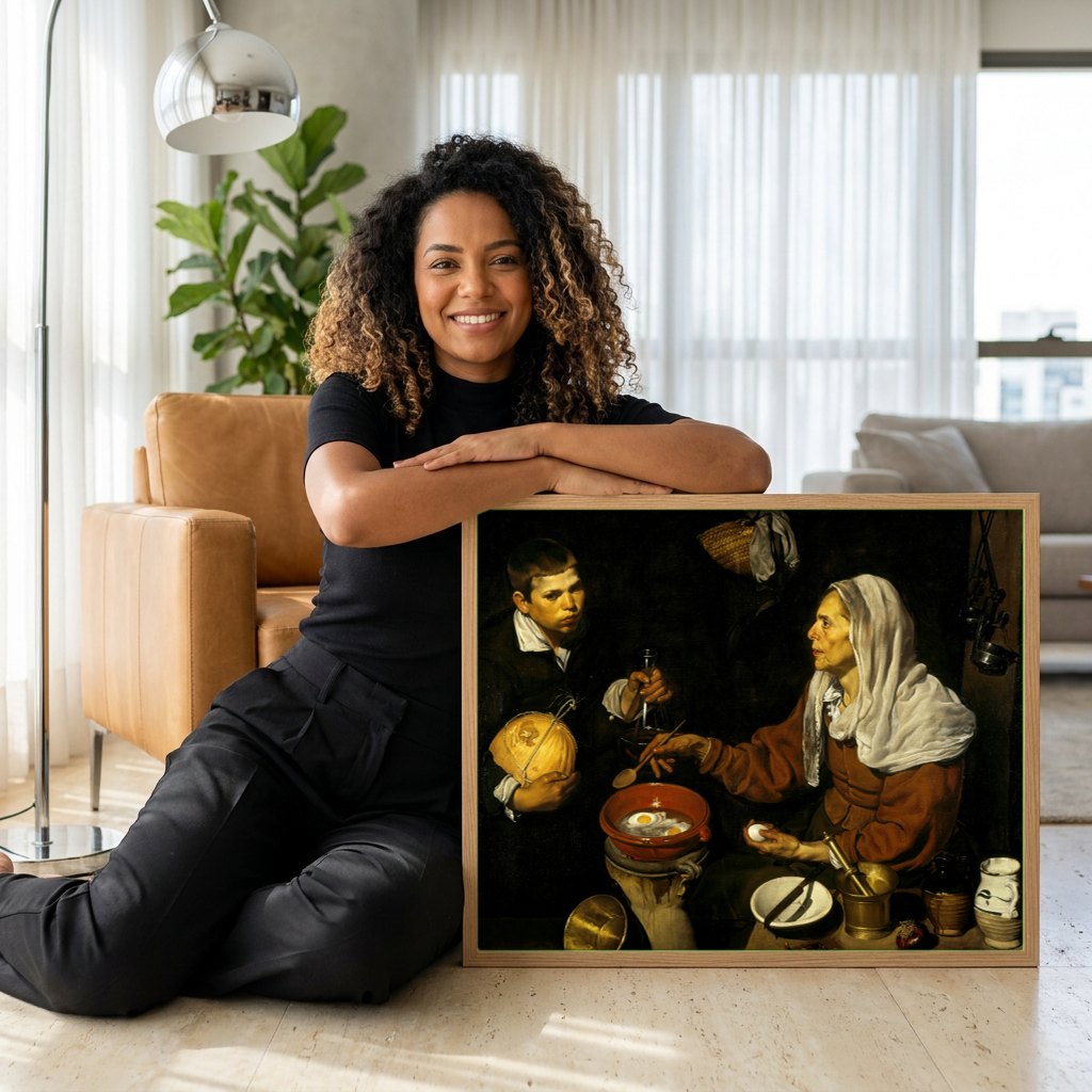 Quadro Decorativo A Velha a Fritar Ovos - Diego Velázquez | modelo apresentando o quadro emoldurado