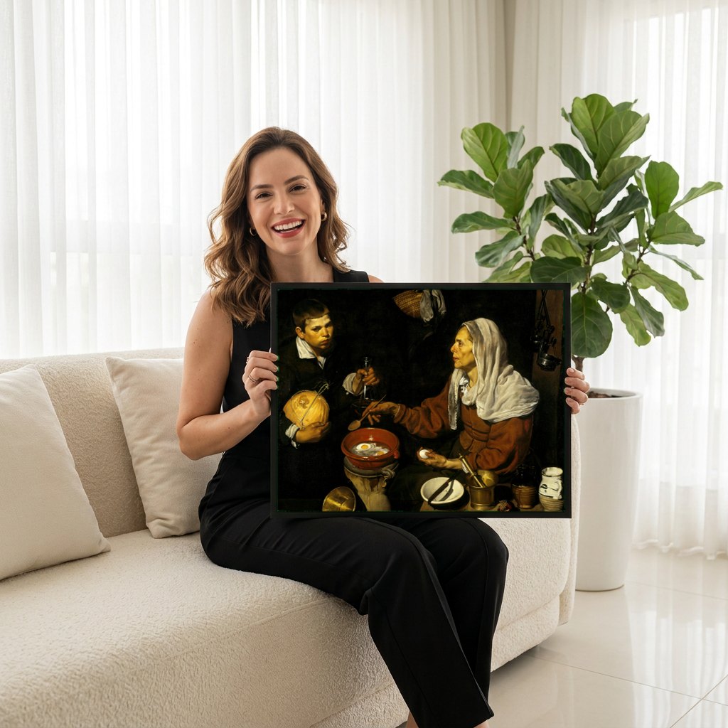 Quadro Decorativo A Velha a Fritar Ovos - Diego Velázquez | modelo apresentando o quadro emoldurado
