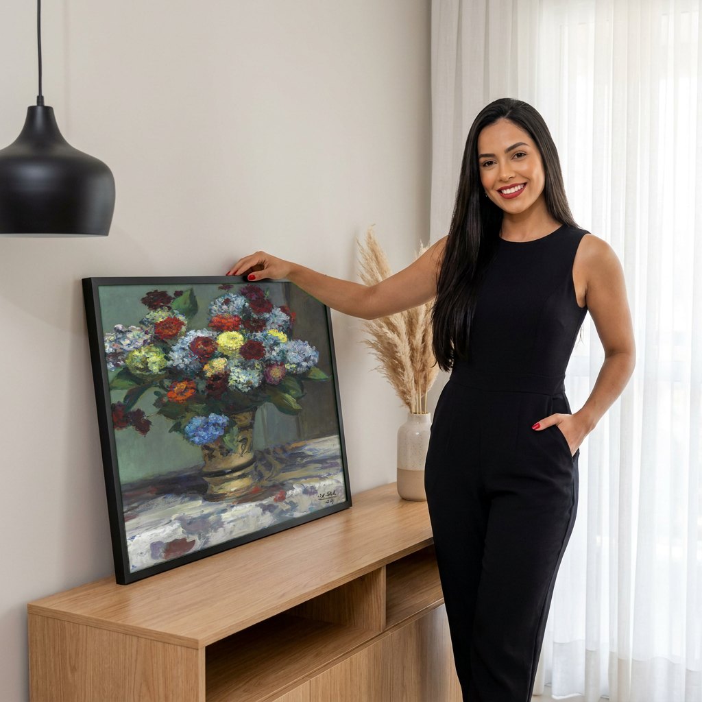 Quadro Decorativo Vaso de Flores - Jacques Émile Blanche | modelo apresentando o quadro emoldurado