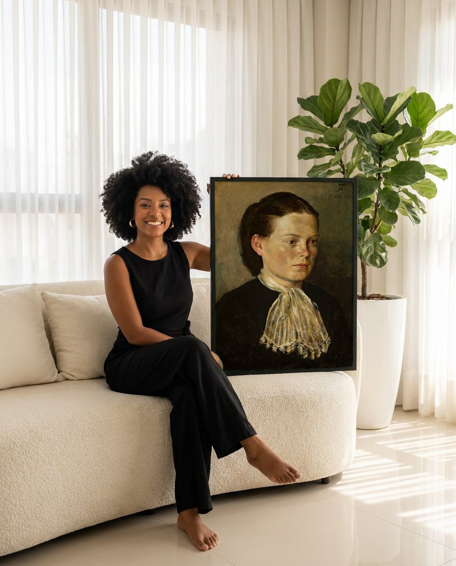 Quadro Decorativo Retrato de Mulher - Hans Thoma | modelo apresentando o quadro emoldurado