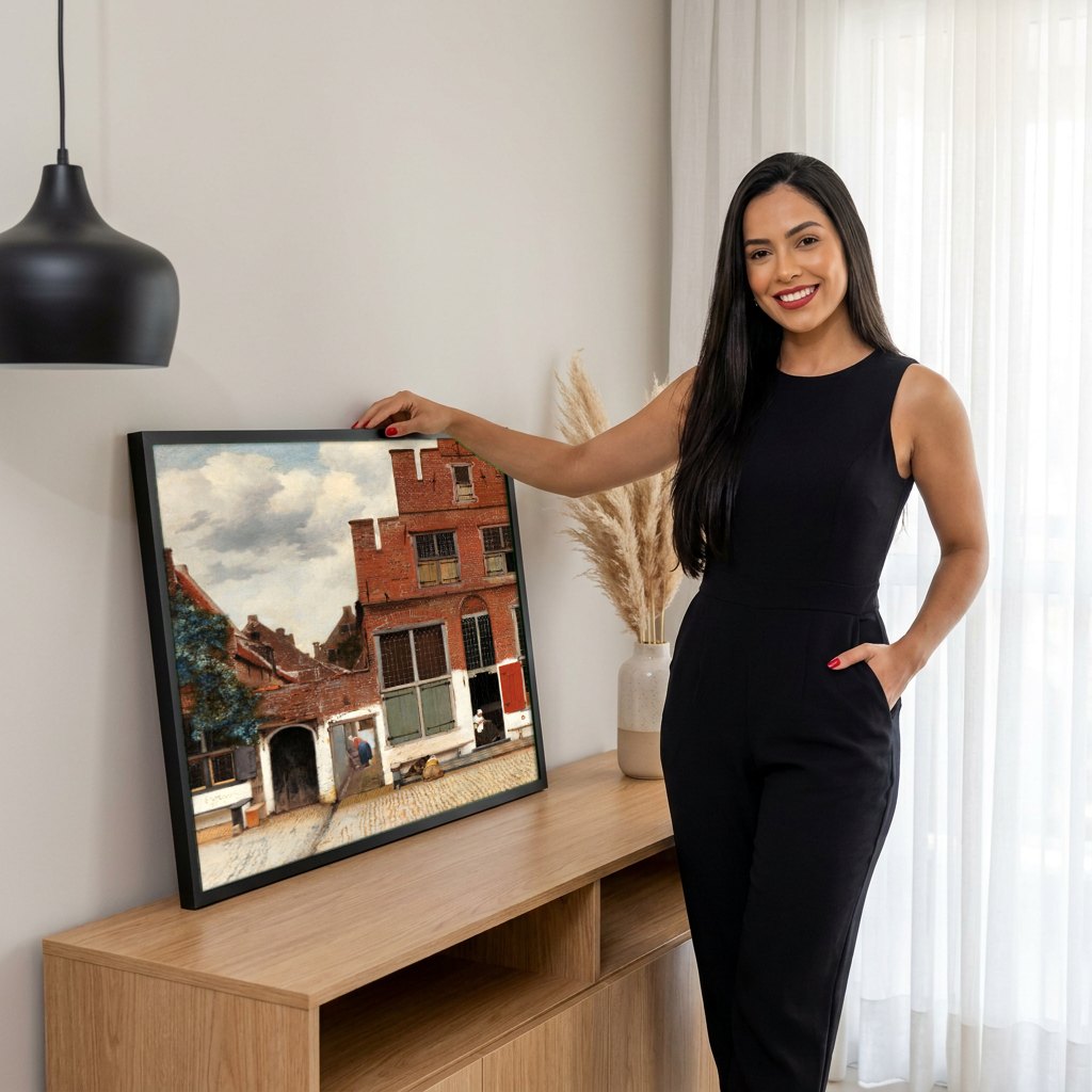 Quadro Decorativo A Rua Pequena - Johannes Vermeer | modelo apresentando o quadro emoldurado