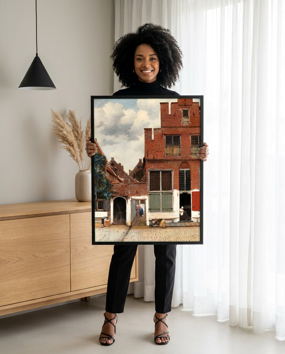 Quadro Decorativo A Rua Pequena - Johannes Vermeer | modelo apresentando o quadro emoldurado