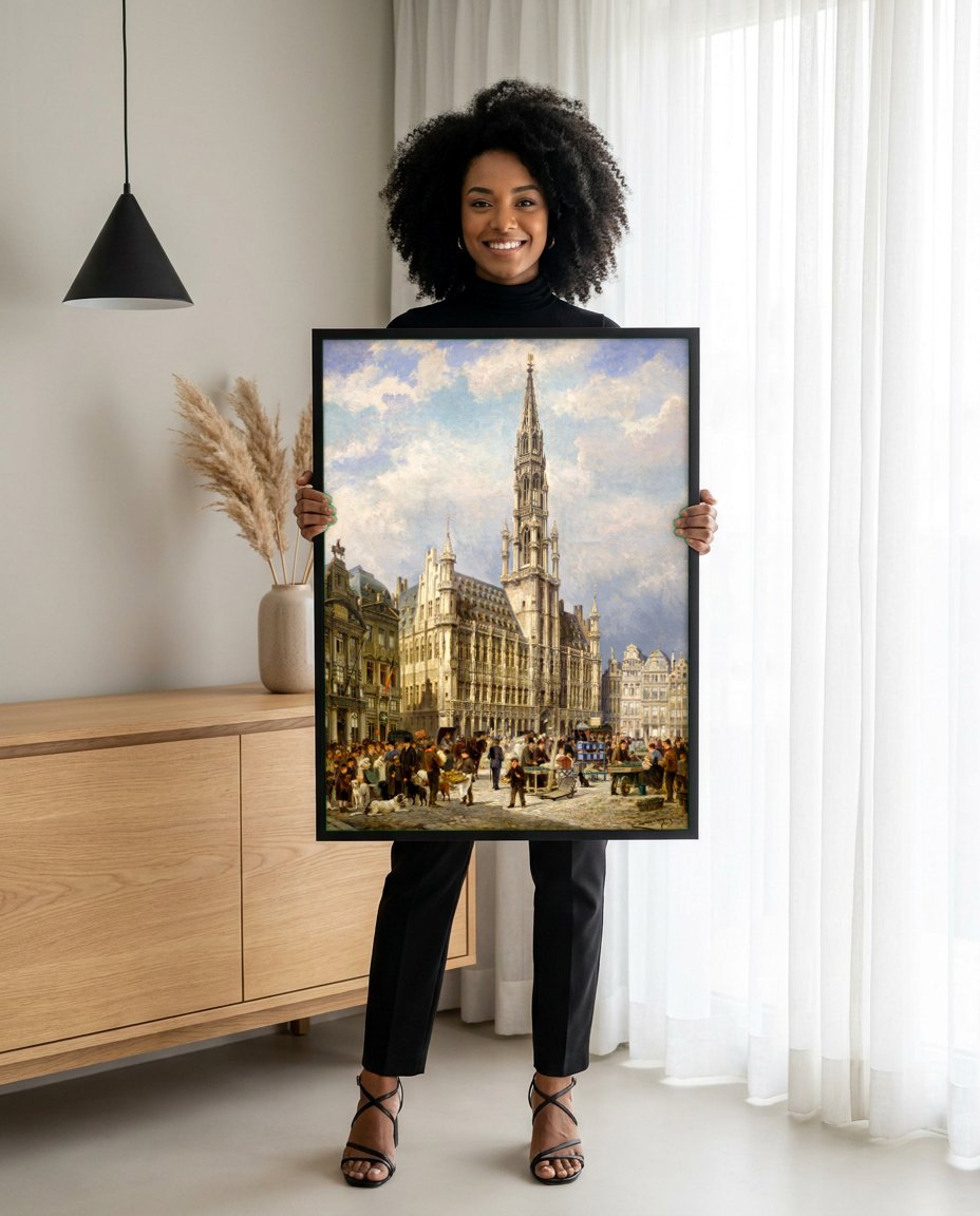 Quadro Decorativo A Grand-Place, Bruxelas - P. Van der Ouderaa | modelo apresentando o quadro emoldurado