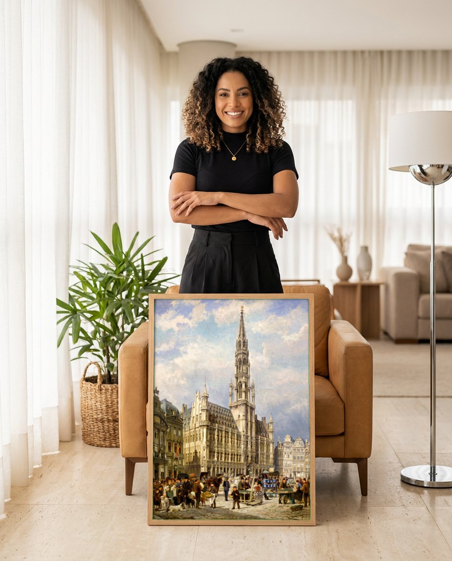 Quadro Decorativo A Grand-Place, Bruxelas - P. Van der Ouderaa | modelo apresentando o quadro emoldurado