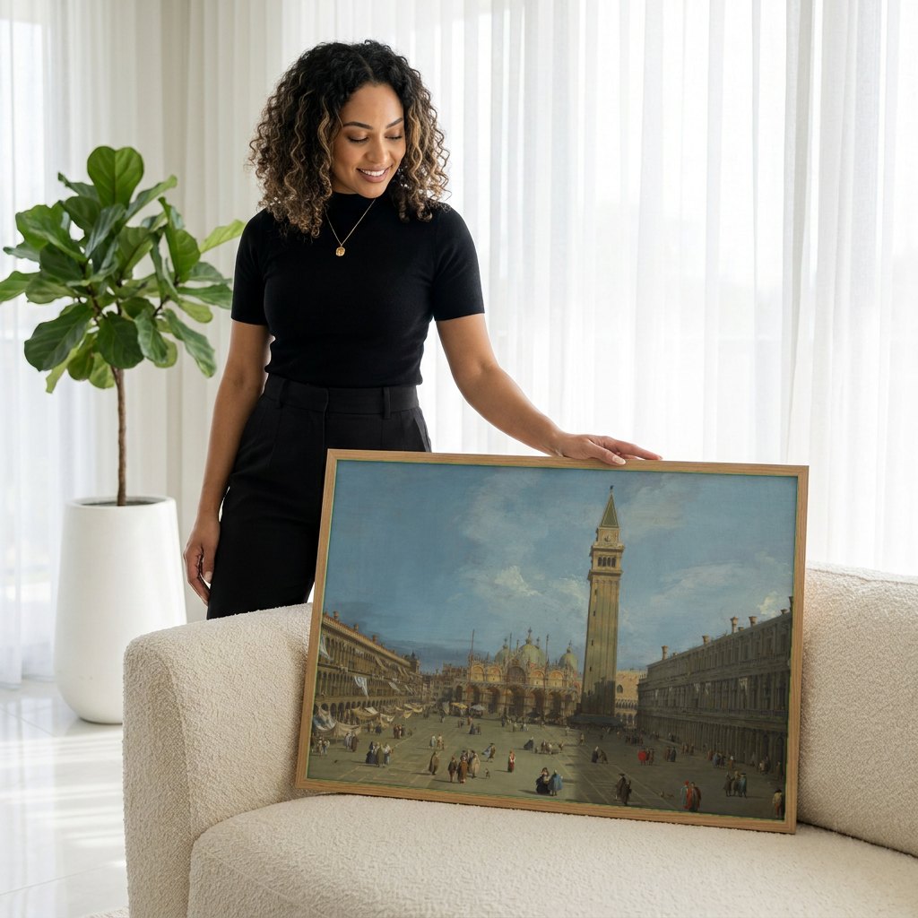 Quadro Decorativo A Praça de São Marcos, Veneza - Canaletto | modelo apresentando o quadro emoldurado