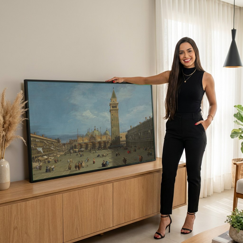 Quadro Decorativo A Praça de São Marcos, Veneza - Canaletto | modelo apresentando o quadro emoldurado