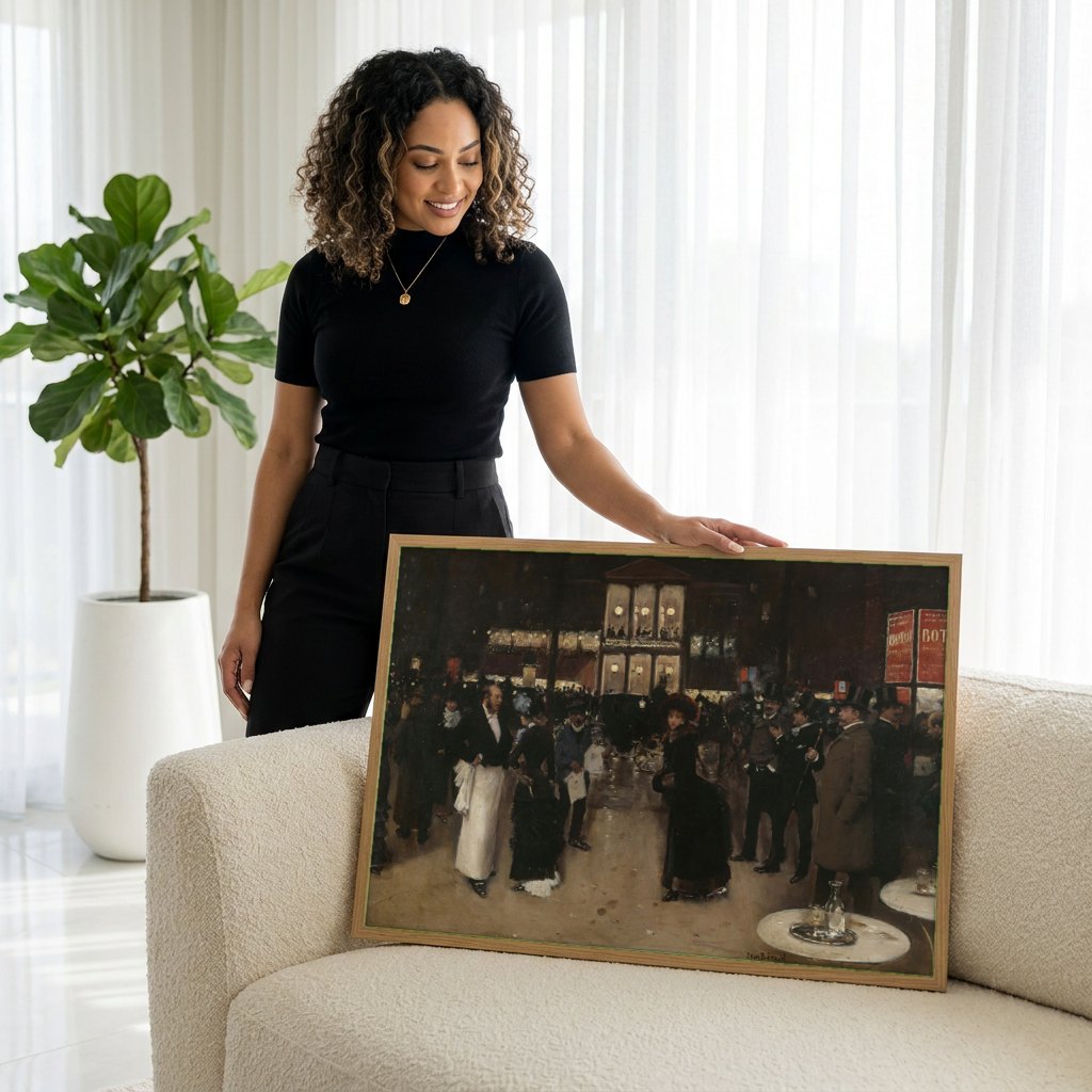 Quadro Decorativo A Saída do Théâtre des Variétés - Jean Béraud | modelo apresentando o quadro emoldurado