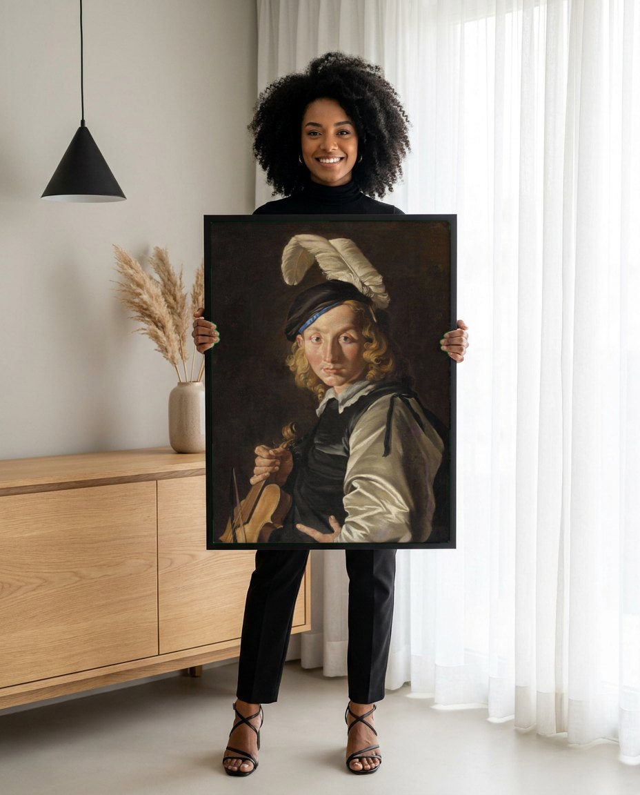 Quadro Decorativo Jovem Músico - Matthias Stomer | modelo apresentando o quadro emoldurado