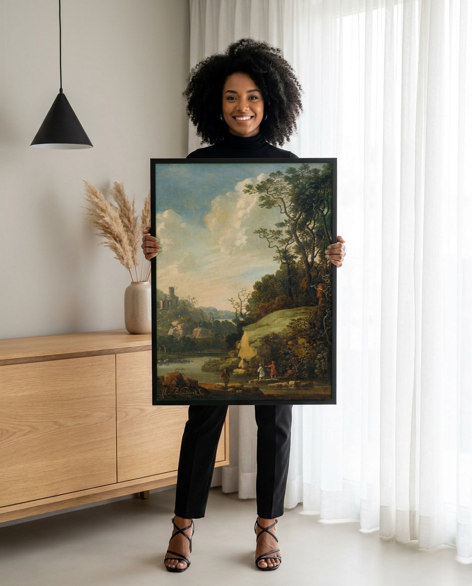 Quadro Decorativo Paisagem com Viajantes - Abraham Bloemaert | modelo apresentando o quadro emoldurado