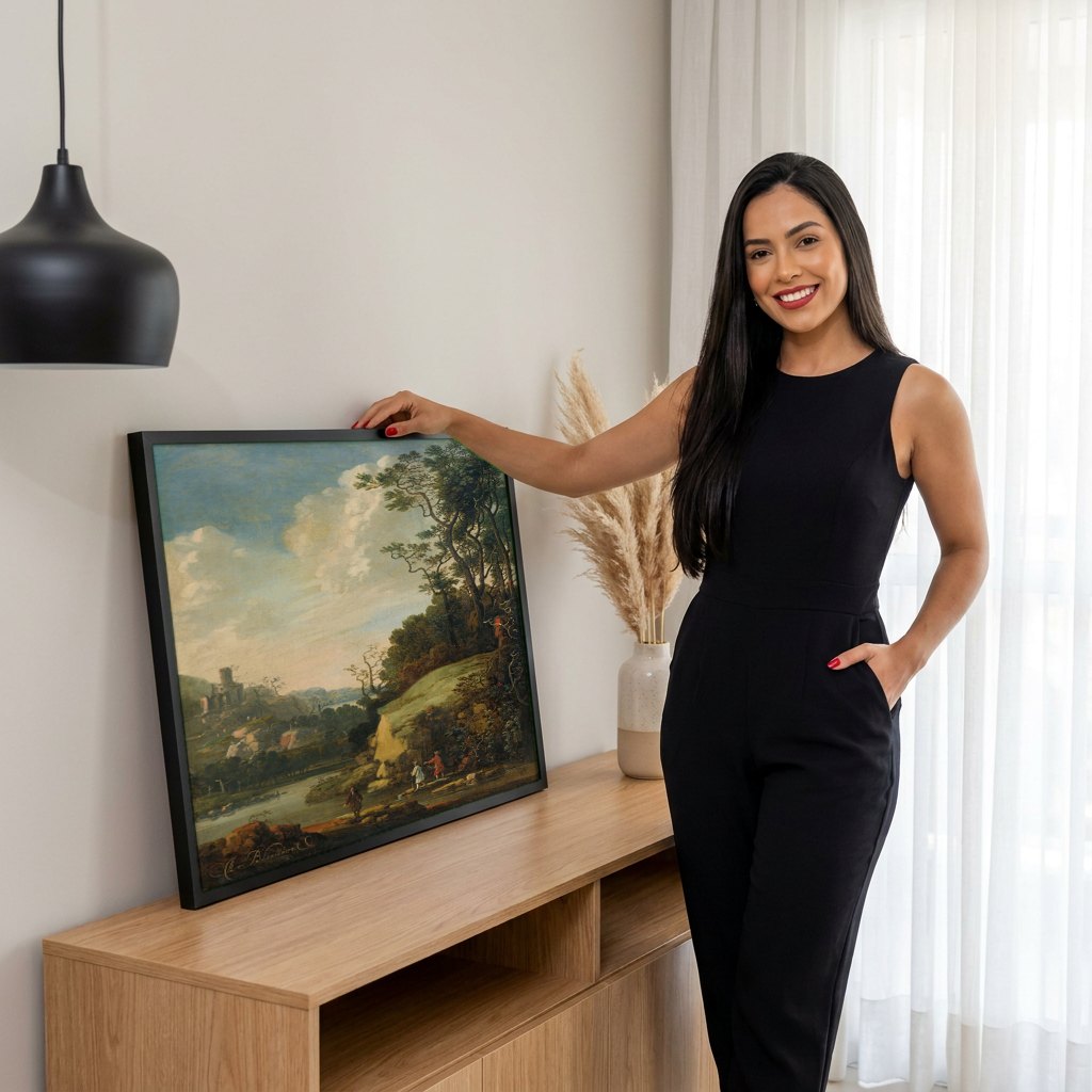 Quadro Decorativo Paisagem com Viajantes - Abraham Bloemaert | modelo apresentando o quadro emoldurado