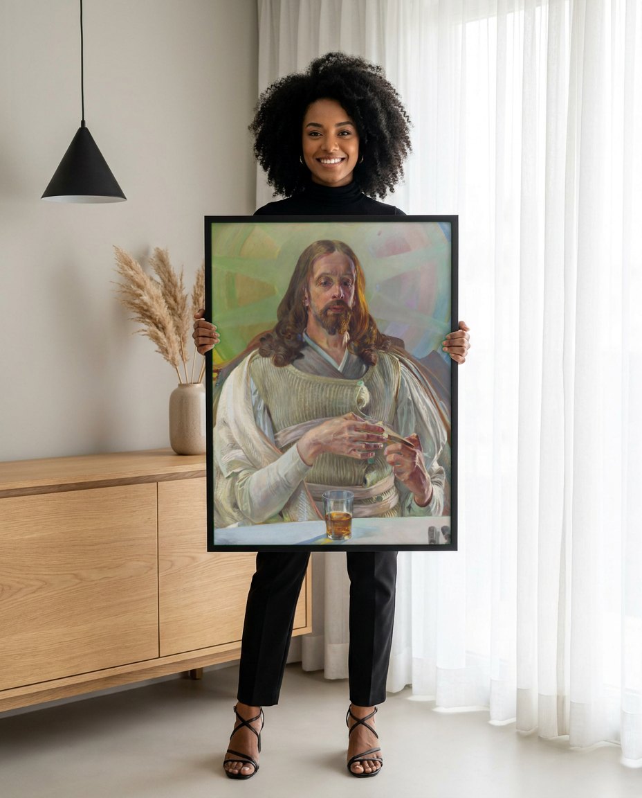 Quadro Decorativo 'Autorretrato como Cristo' - Jacek Malczewski | modelo apresentando o quadro emoldurado