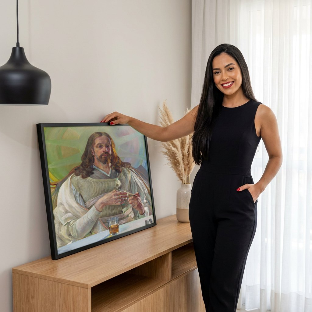 Quadro Decorativo 'Autorretrato como Cristo' - Jacek Malczewski | modelo apresentando o quadro emoldurado