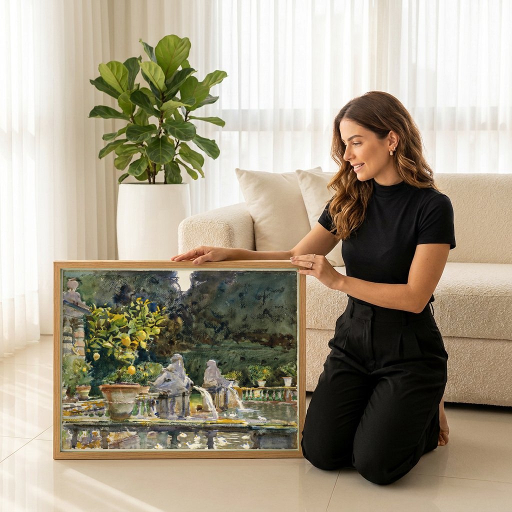 Quadro Decorativo Jardins com Limoeiros e Fontes - John Singer Sargent | modelo apresentando o quadro emoldurado