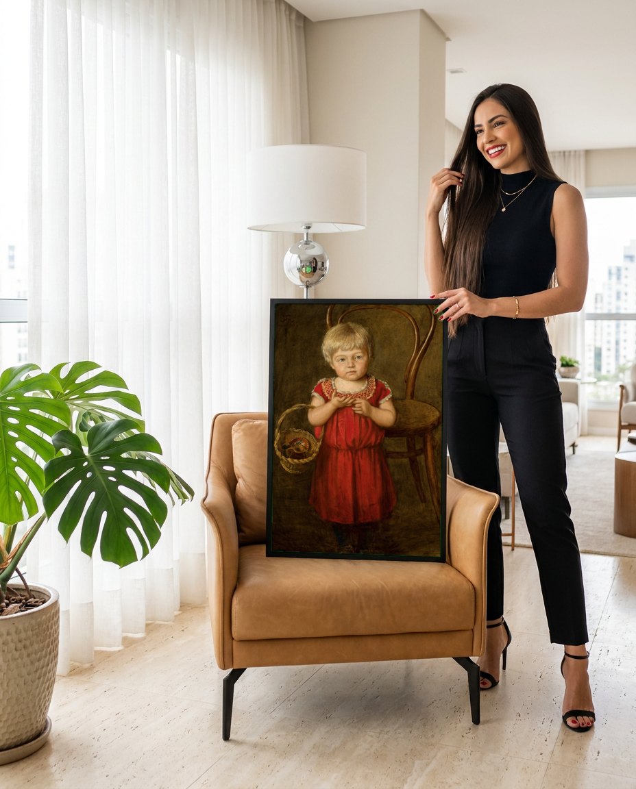 Quadro Decorativo Criança com Cesta - Hans Thoma | modelo apresentando o quadro emoldurado