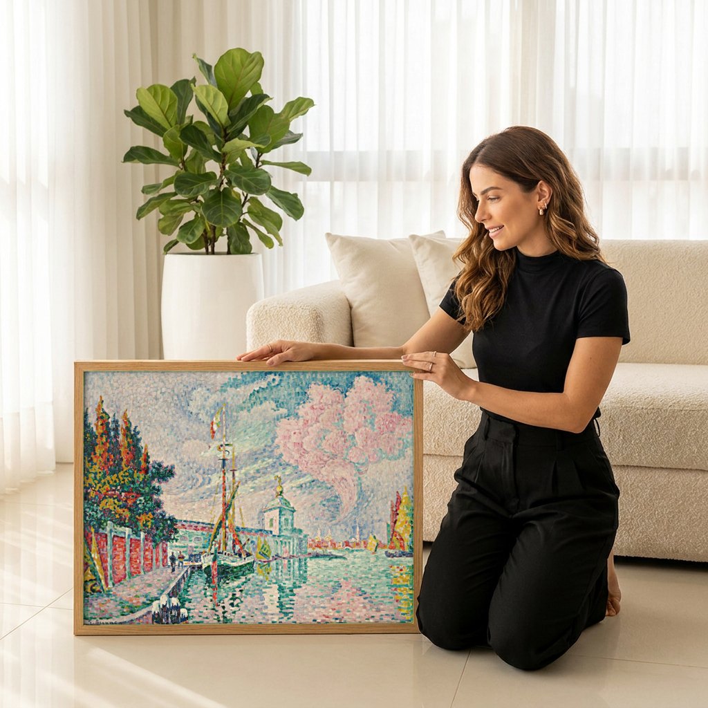 Quadro Decorativo Porto de Veneza - Paul Signac | modelo apresentando o quadro emoldurado