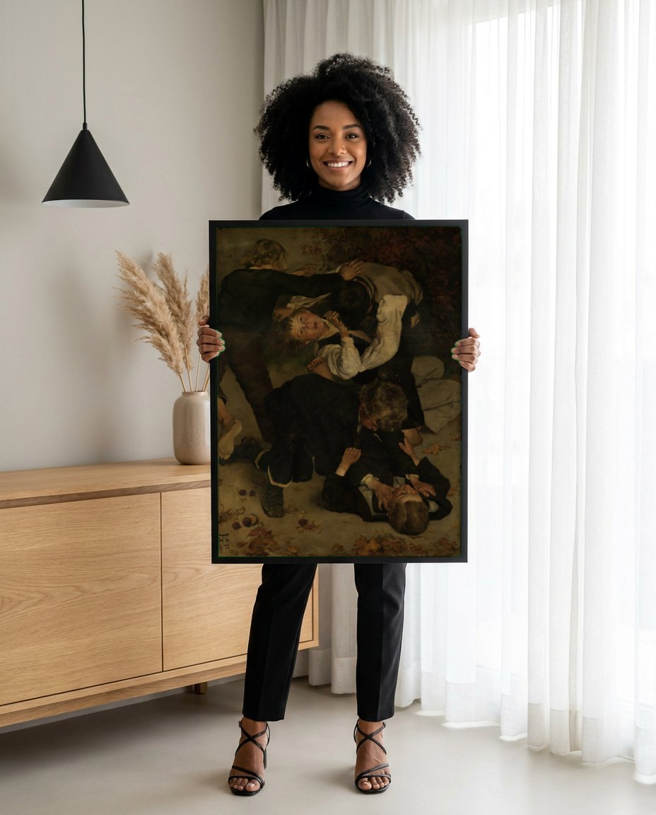 Quadro Decorativo A Briga (The Brawl) - Hans Thoma | modelo apresentando o quadro emoldurado