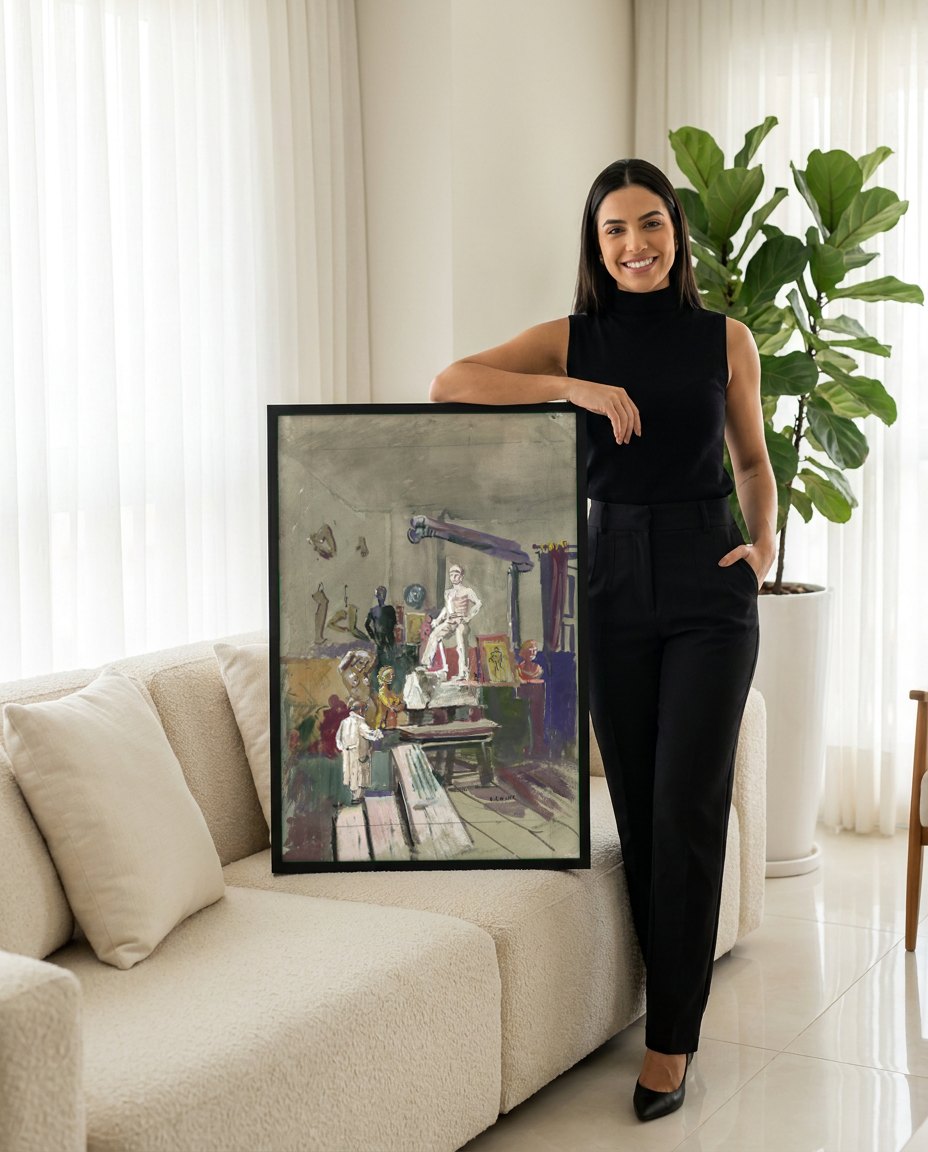 Quadro Decorativo O Ateliê do Artista - Oskar Laske | modelo apresentando o quadro emoldurado