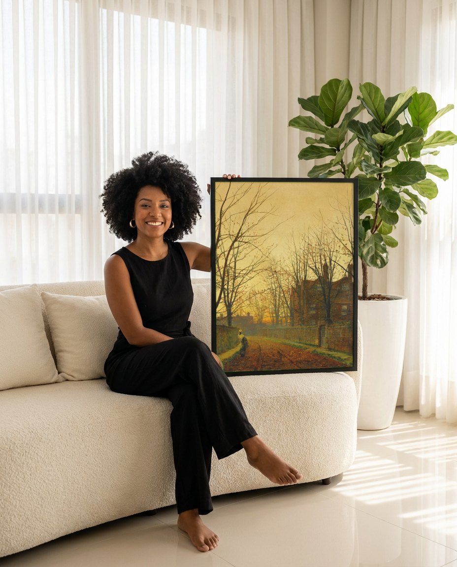 Quadro Decorativo Outono Britânico - Grimshaw | modelo apresentando o quadro emoldurado