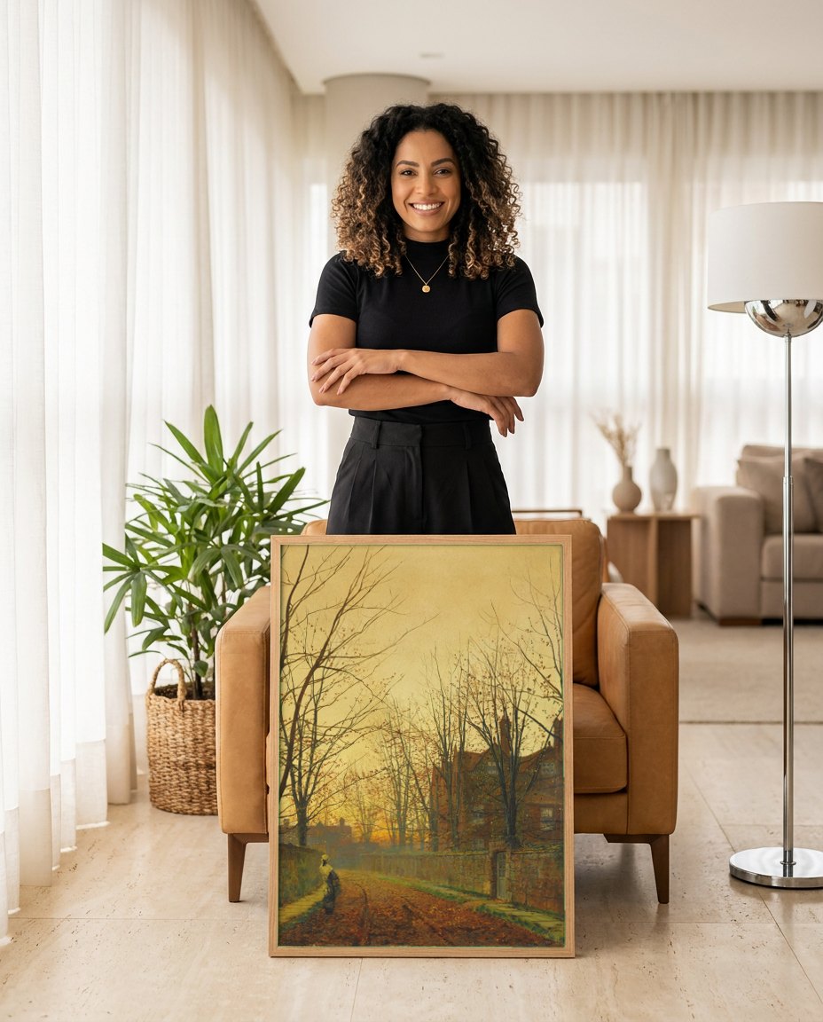 Quadro Decorativo Outono Britânico - Grimshaw | modelo apresentando o quadro emoldurado