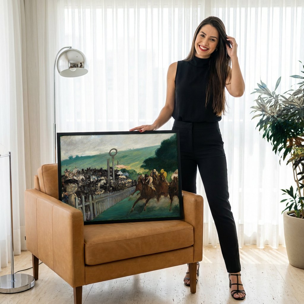 Quadro Decorativo A Corrida de Cavalos em Longchamp - Manet com modelo em ambiente