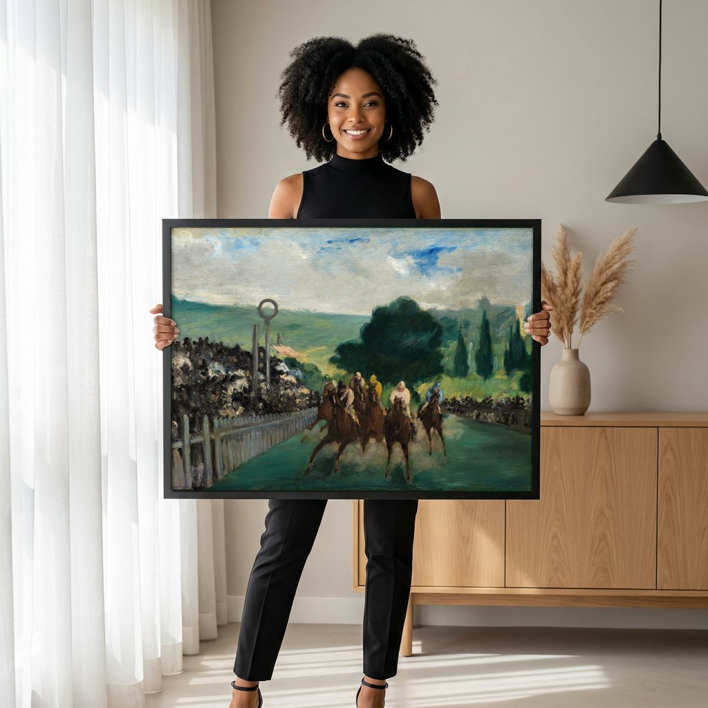 Quadro Decorativo A Corrida de Cavalos em Longchamp - Manet com modelo em ambiente