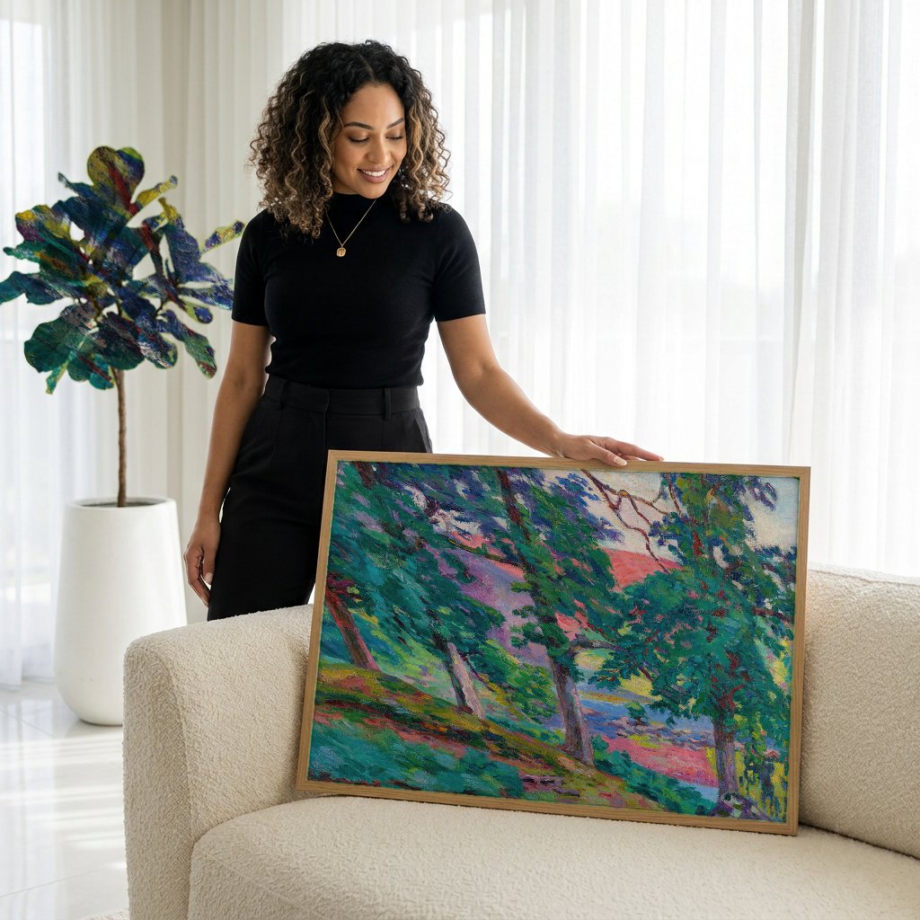 Quadro Decorativo Paisagem com Árvores e Rio - Guillaumin com modelo em ambiente
