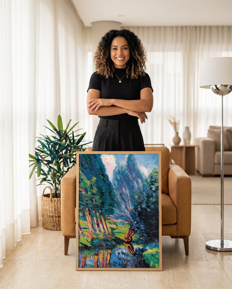 Quadro Decorativo Paisagem com Árvores e Rio - Armand Guillaumin com modelo em ambiente