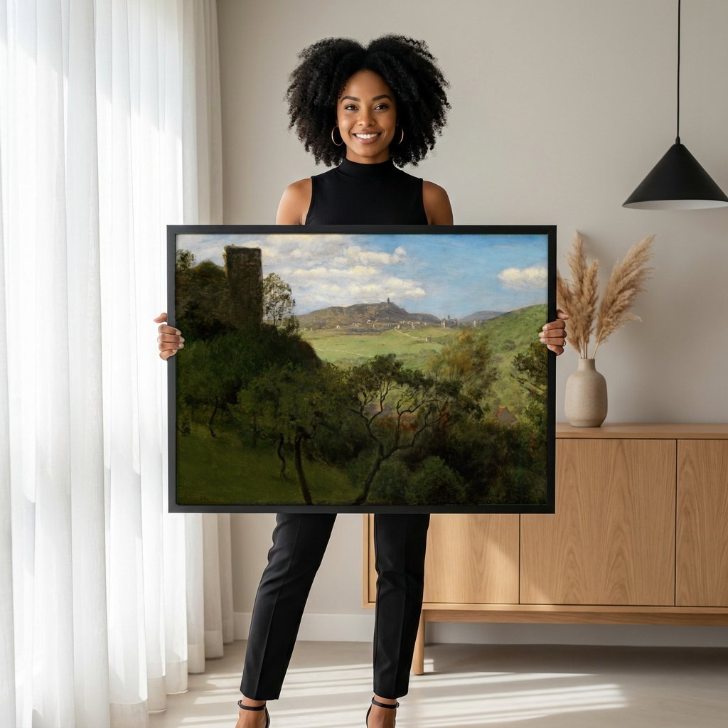 Quadro Decorativo Paisagem com Ruínas e Vale - Hans Thoma com modelo em ambiente
