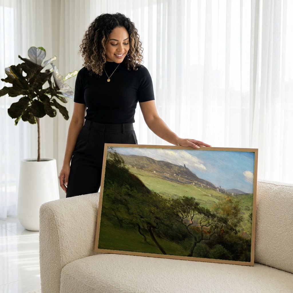 Quadro Decorativo Paisagem com Ruínas e Vale - Hans Thoma com modelo em ambiente