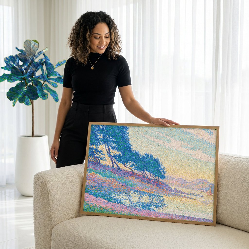 Quadro Decorativo Paisagem com Árvores e Mar - Signac com modelo em ambiente