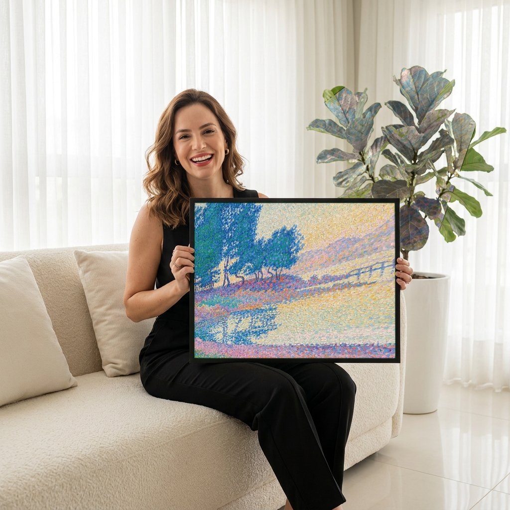 Quadro Decorativo Paisagem com Árvores e Mar - Signac com modelo em ambiente