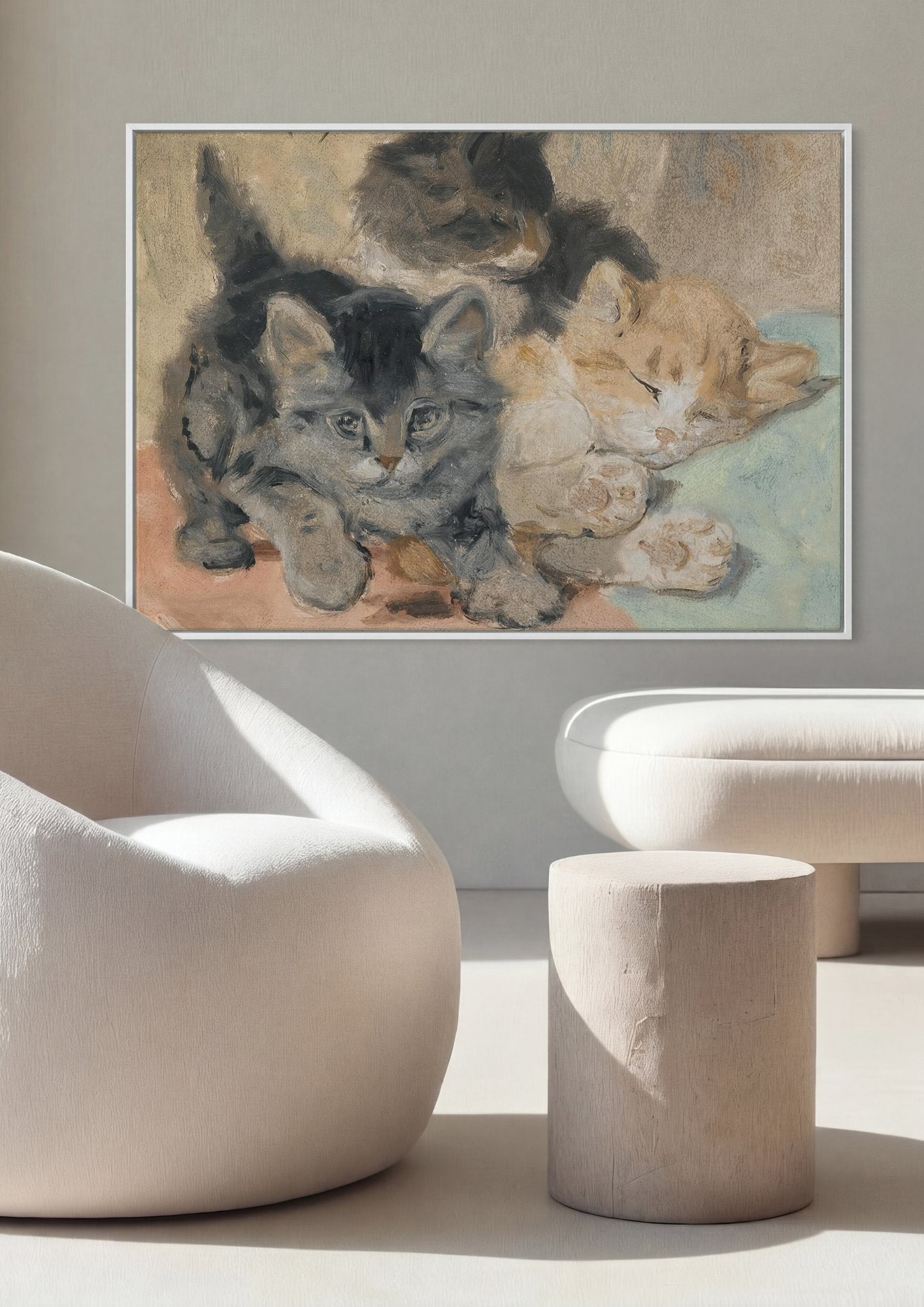 Quadro Decorativo Gatinhos Brincalhões e Sonolentos - Henriëtte Ronner-Knip em ambiente decorado