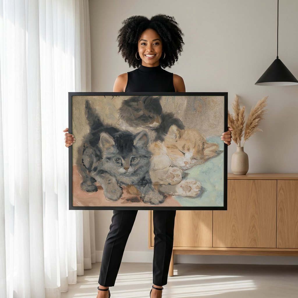 Quadro Decorativo Gatinhos Brincalhões e Sonolentos - Henriëtte Ronner-Knip com modelo em ambiente