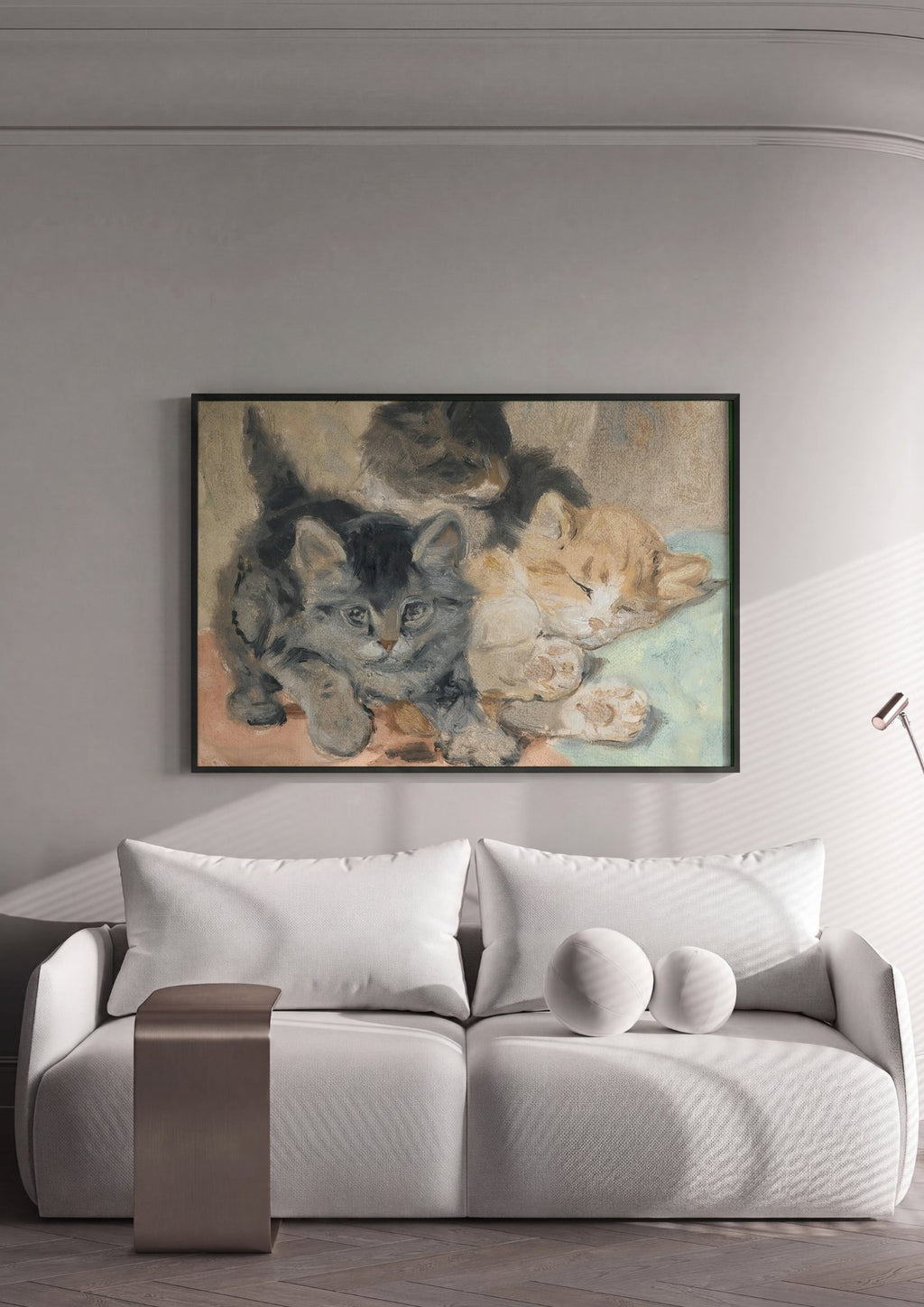 Quadro Decorativo Gatinhos Brincalhões e Sonolentos - Henriëtte Ronner-Knip em ambiente decorado
