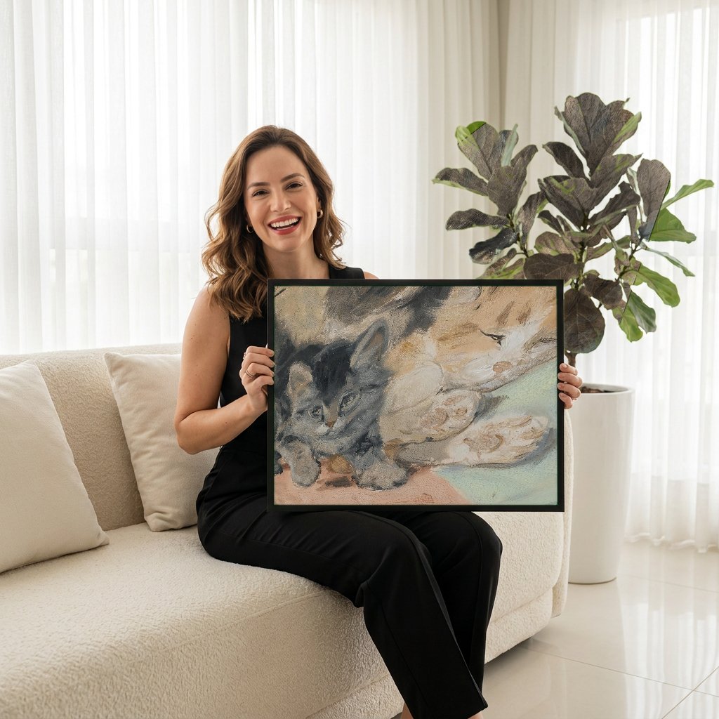 Quadro Decorativo Gatinhos Brincalhões e Sonolentos - Henriëtte Ronner-Knip com modelo em ambiente