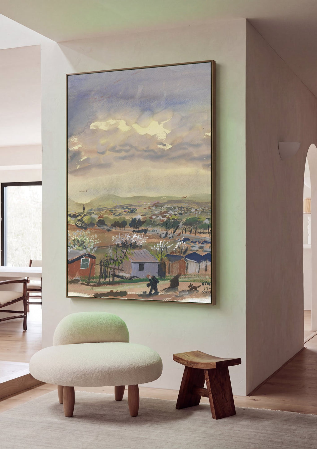 Quadro Decorativo Paisagem com Nuvens e Vilarejo - Oskar Laske em ambiente decorado