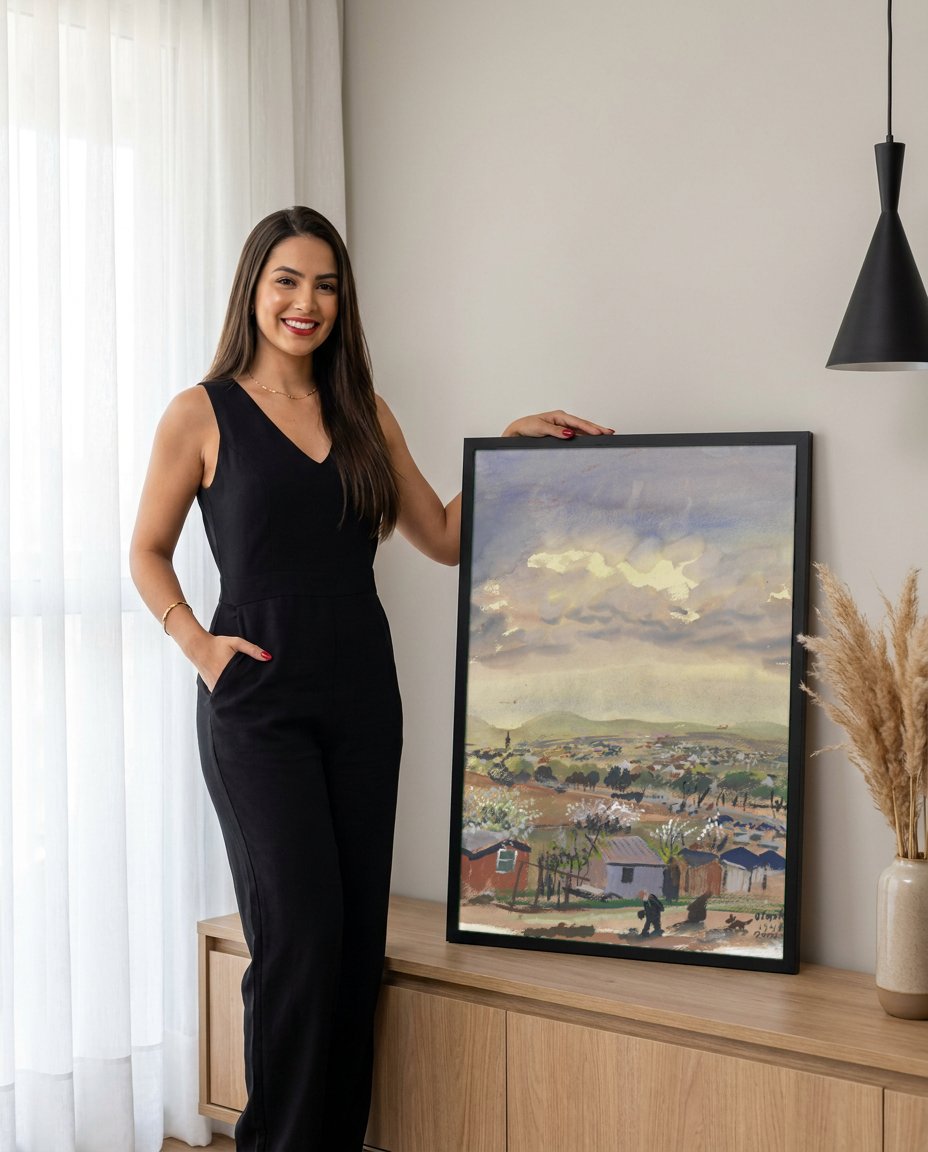 Quadro Decorativo Paisagem com Nuvens e Vilarejo - Oskar Laske com modelo em ambiente