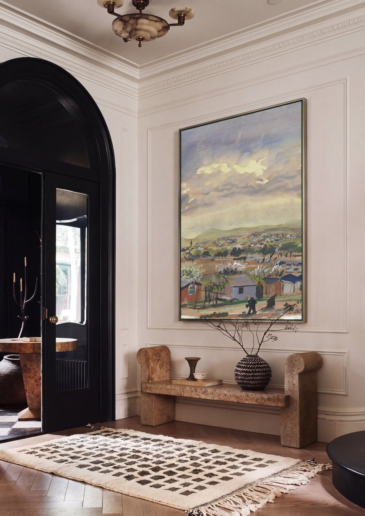 Quadro Decorativo Paisagem com Nuvens e Vilarejo - Oskar Laske em ambiente decorado