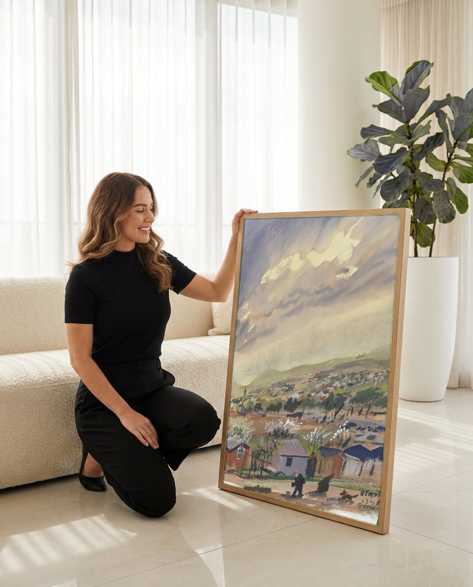 Quadro Decorativo Paisagem com Nuvens e Vilarejo - Oskar Laske com modelo em ambiente