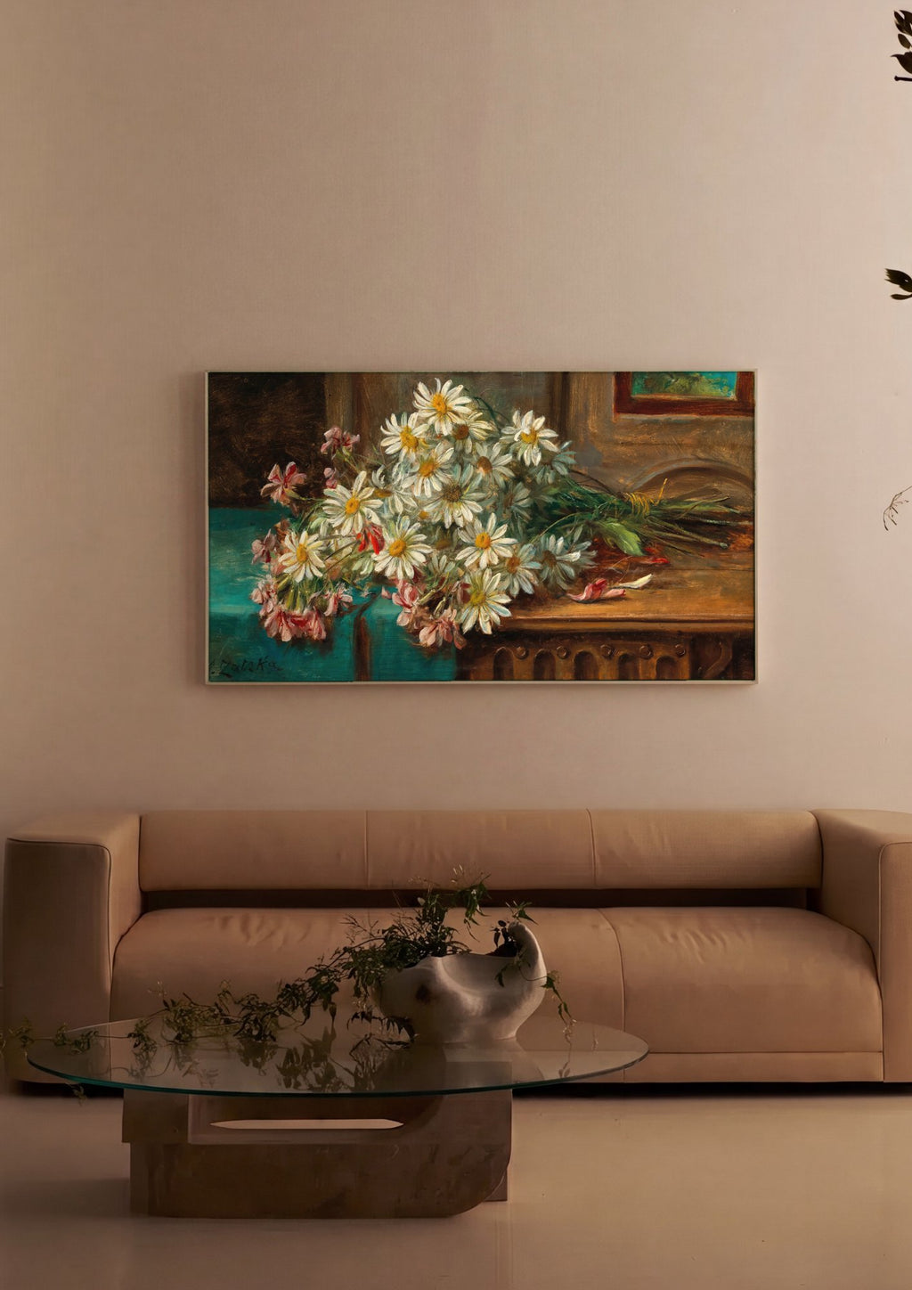 Quadro Decorativo Buquê de Margaridas e Flores Rosas - Hans Zatzka em ambiente decorado