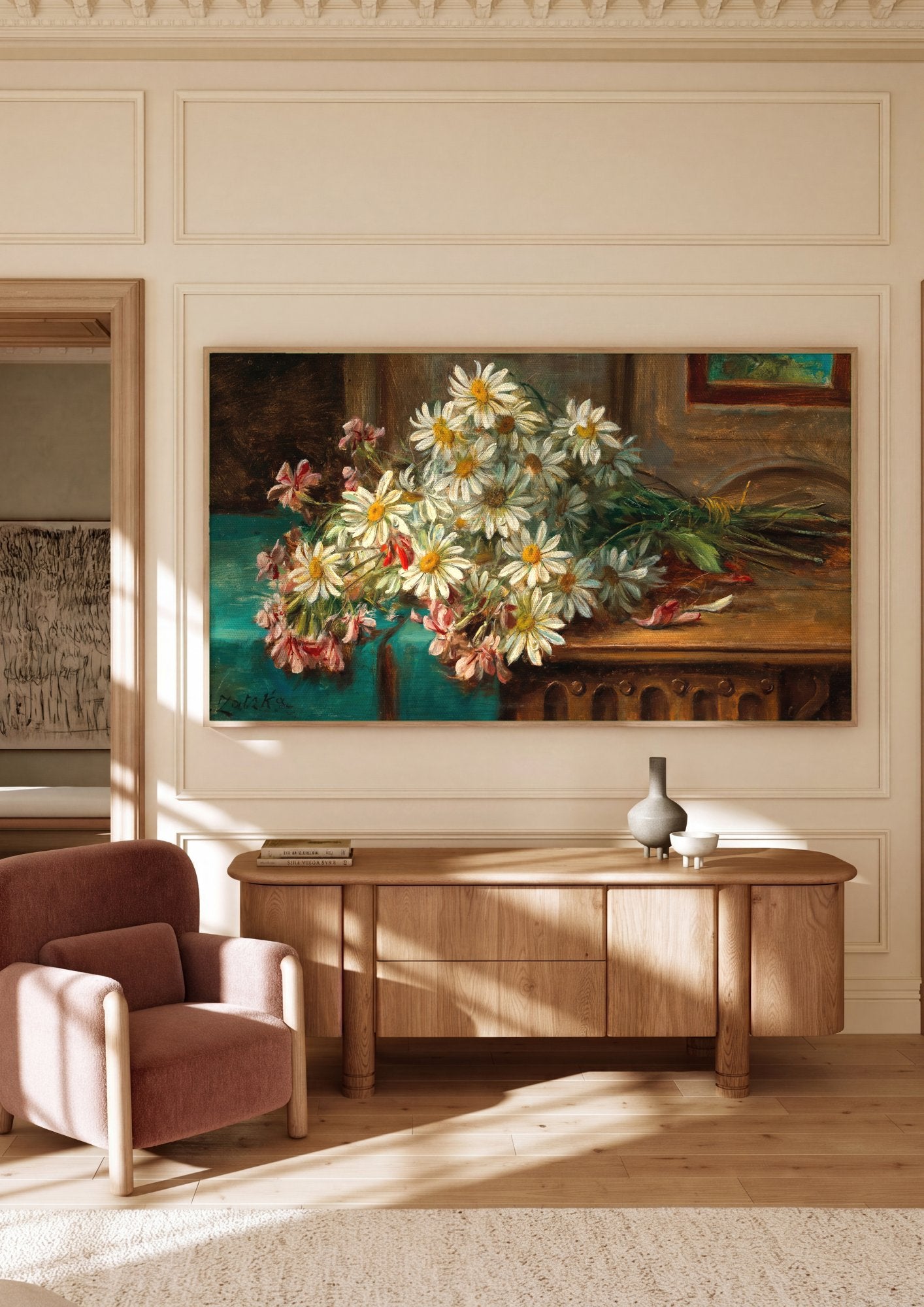 Quadro Decorativo Buquê de Margaridas e Flores Rosas - Hans Zatzka em ambiente decorado