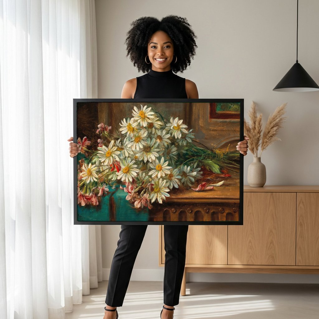 Quadro Decorativo Buquê de Margaridas e Flores Rosas - Hans Zatzka com modelo em ambiente