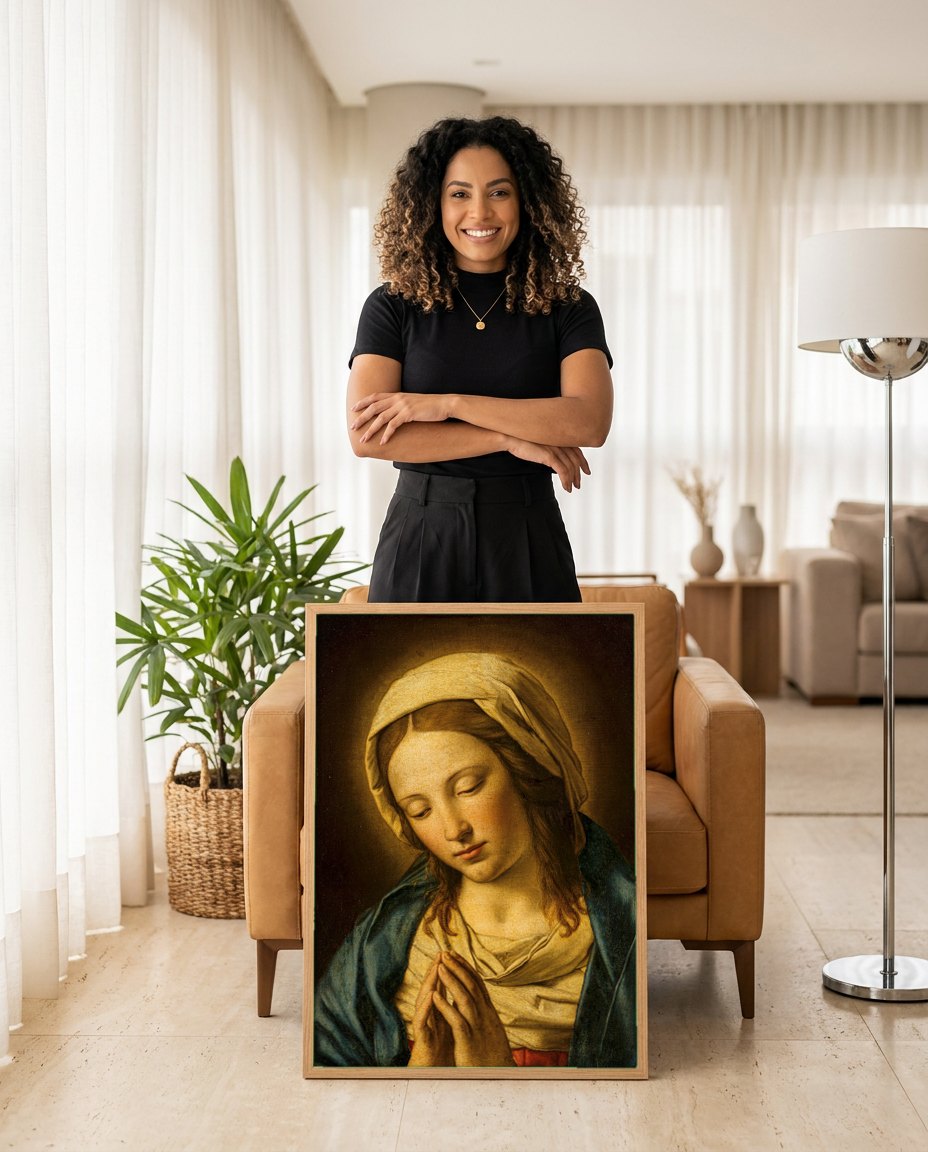 Quadro Decorativo Madonna em Oração - Sassoferrato | modelo apresentando o quadro emoldurado