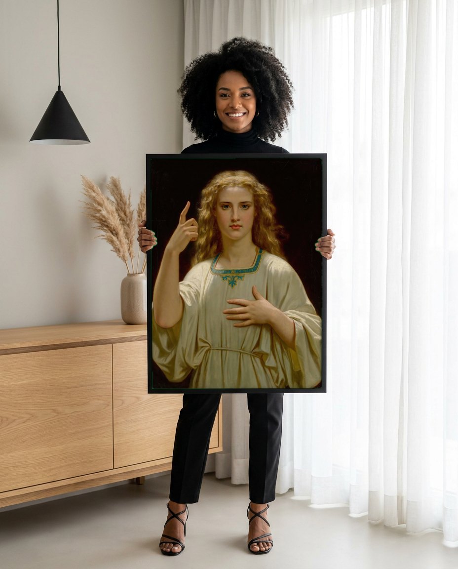 Quadro Decorativo A Voz Interior - Hugues Merle | modelo apresentando o quadro emoldurado