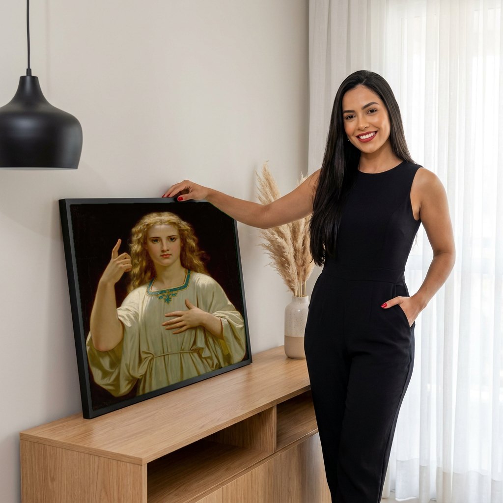 Quadro Decorativo A Voz Interior - Hugues Merle | modelo apresentando o quadro emoldurado