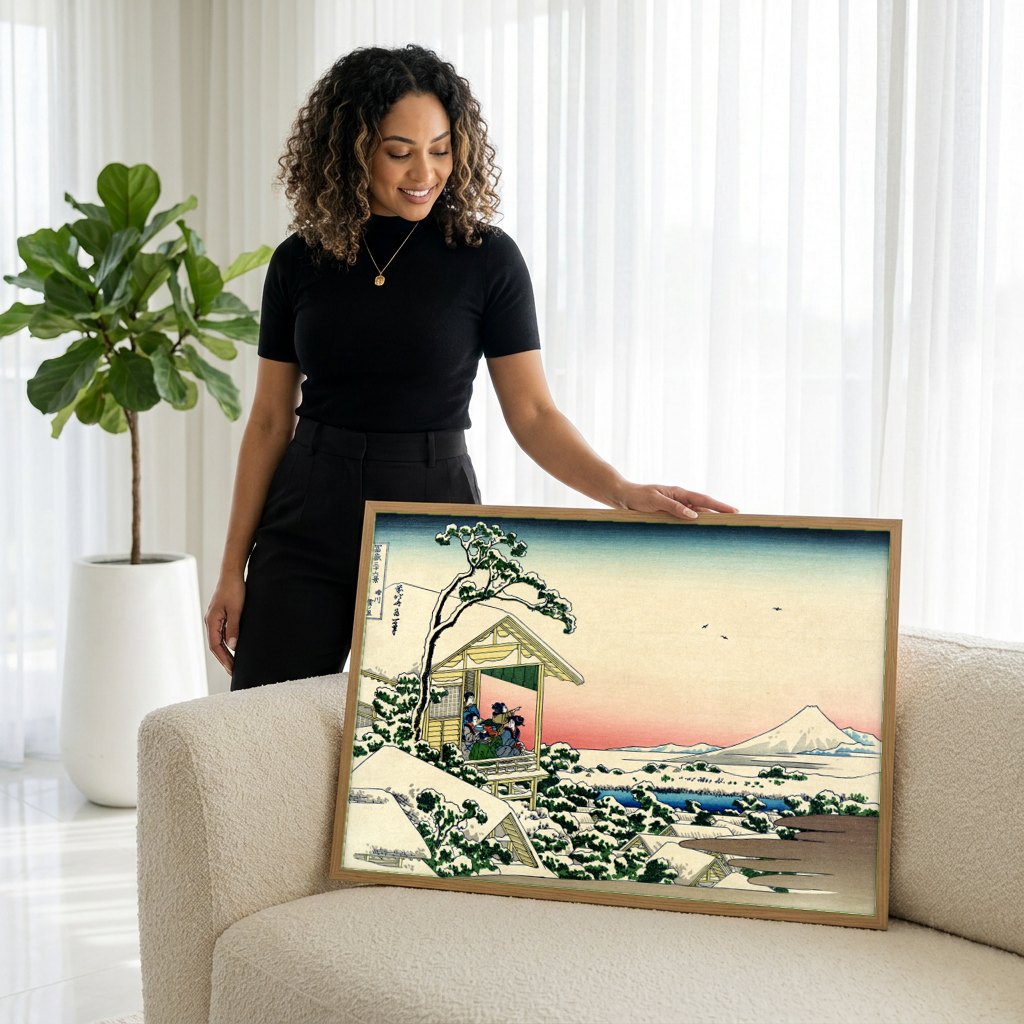 Quadro Decorativo Inverno no Campo - Hokusai | modelo apresentando o quadro emoldurado