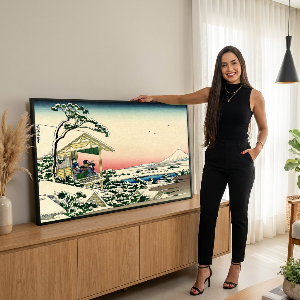 Quadro Decorativo Inverno no Campo - Hokusai | modelo apresentando o quadro emoldurado
