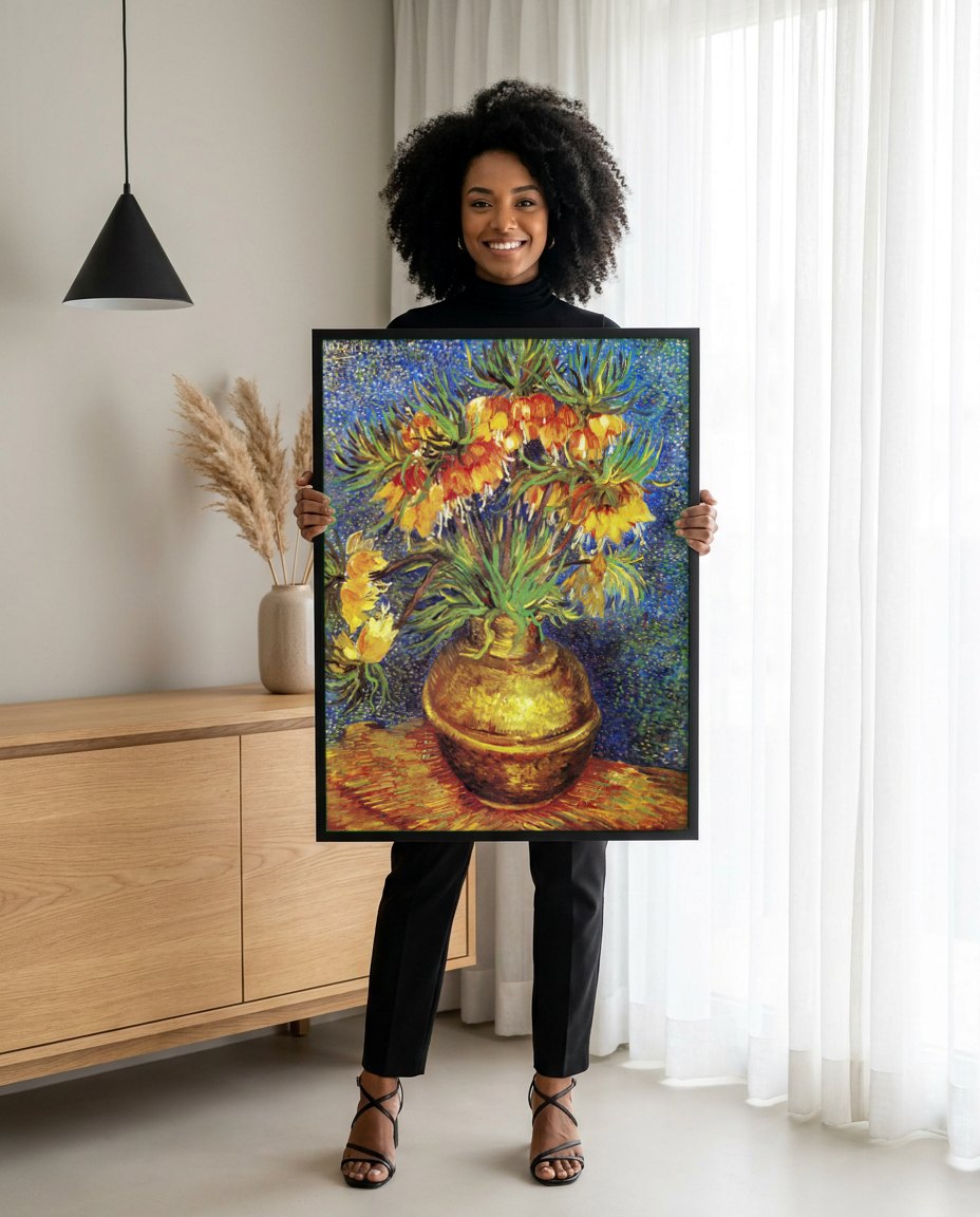 Quadro Decorativo Fritillarias Imperiais - Van Gogh | modelo apresentando o quadro emoldurado